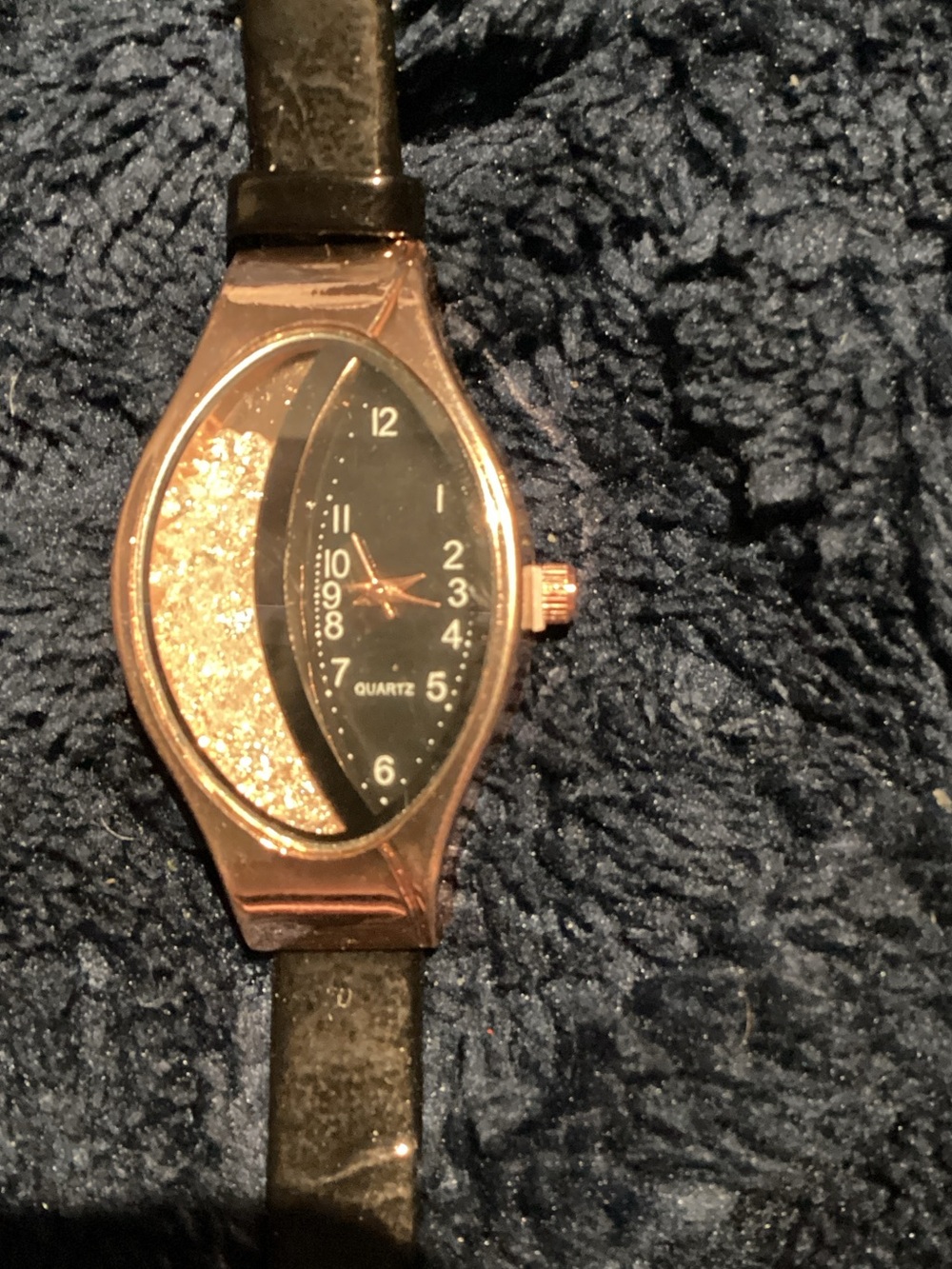 Women's Rose Gold Case Quartz Watch with Black Strap and Glitter Accent